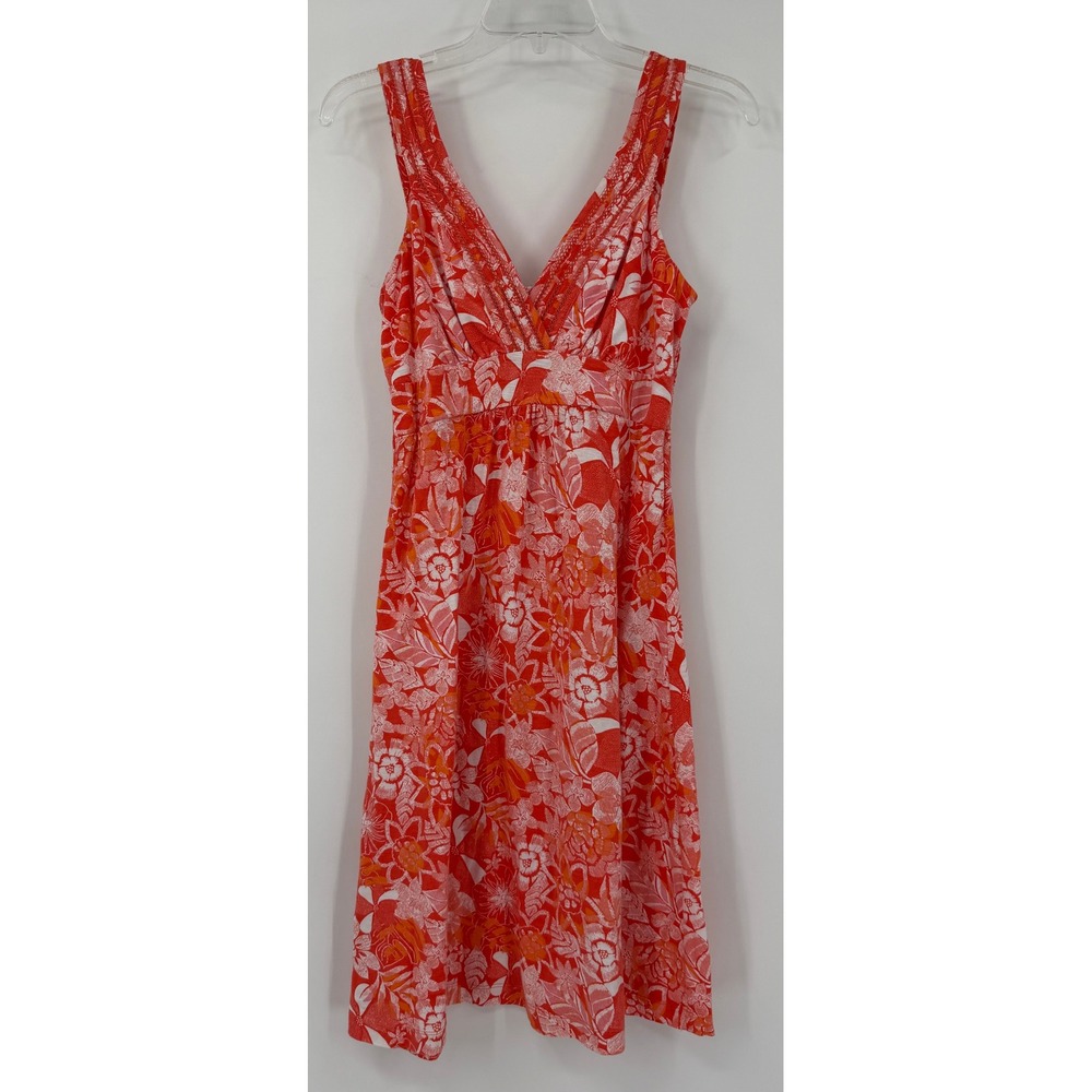 Tommy Bahama Womens Orange Floral V-Neck Smocked Back Sun Dress Small S/P